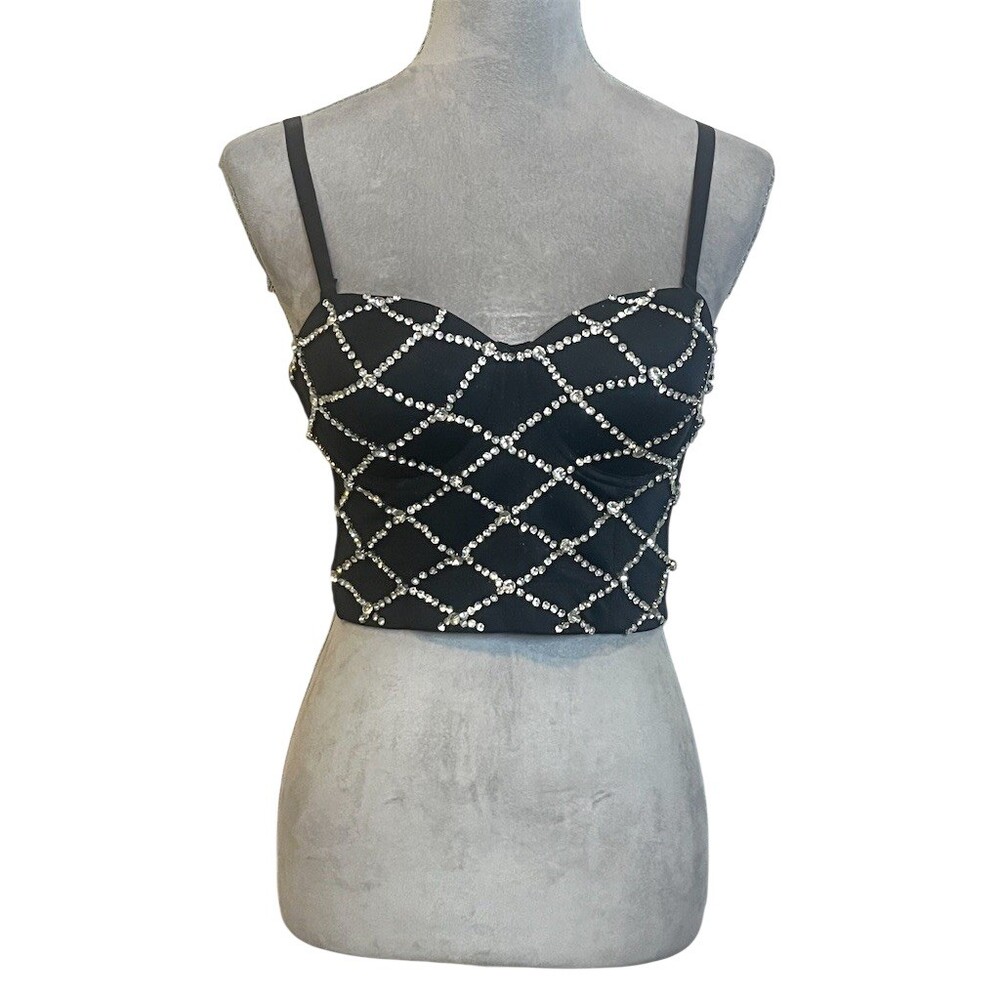 Y2k Sexy Black Rhinestone Bustier M Crop Top Bralette Party Festival Bling